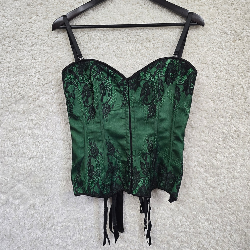 Coquette Lace Corset Bustier Womens Large Green Black Garter Straps Gothic Retro